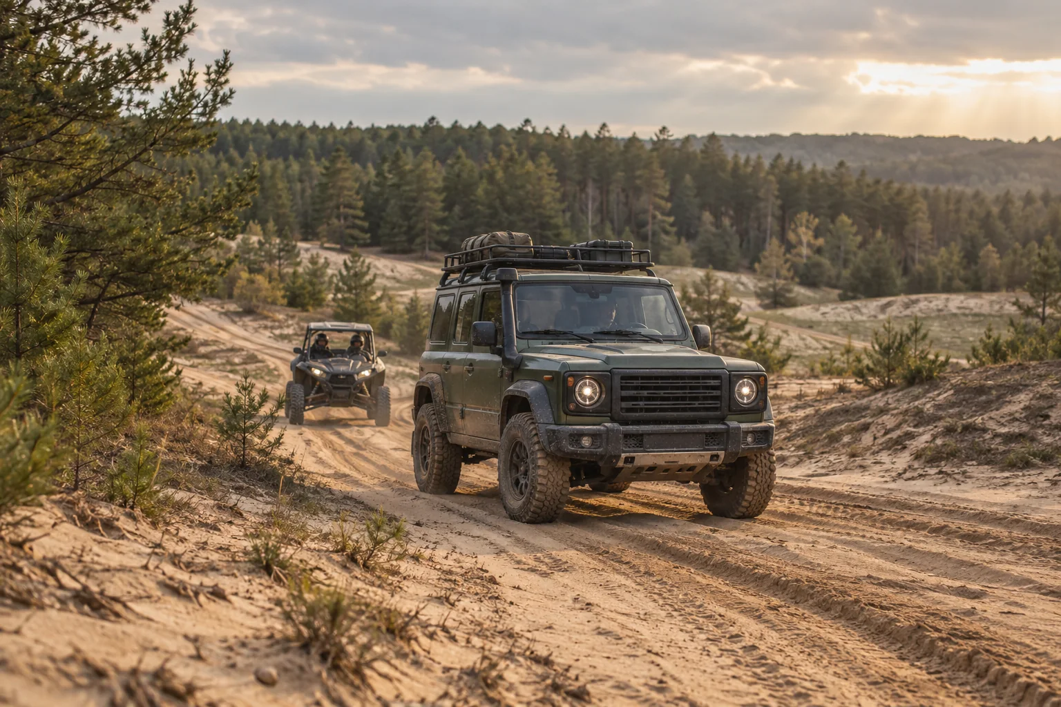 A 4×4 offroad vehicle and an SSV on a sandy trail among pine trees — AI concept illustration