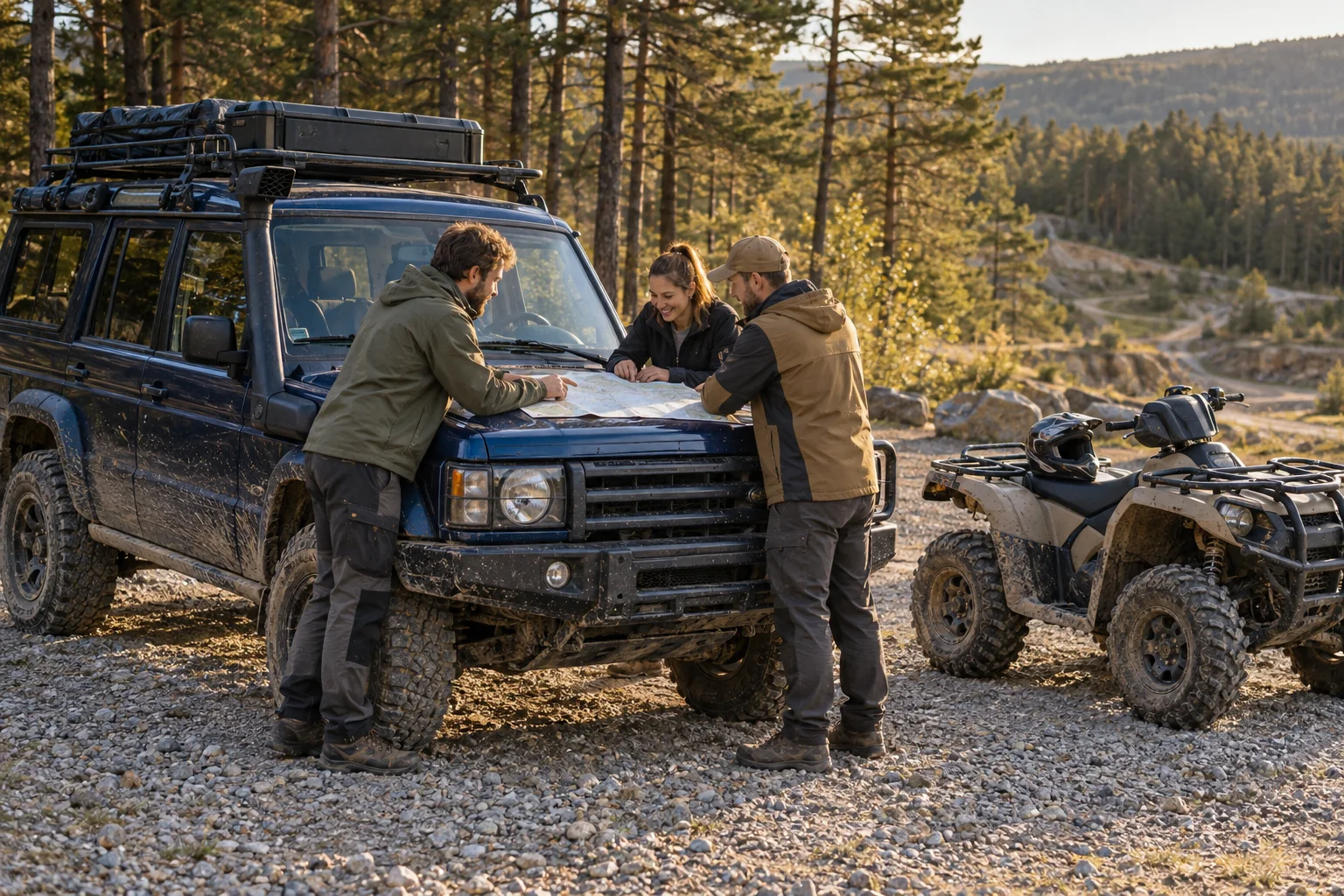 Three people planning a route beside a 4×4 and a quad — AI concept illustration